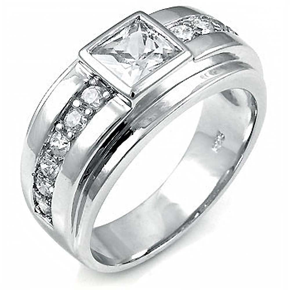 Sterling Silver Princess & Round CZ Man Ring, Weight 10gramAnd Width 12mm