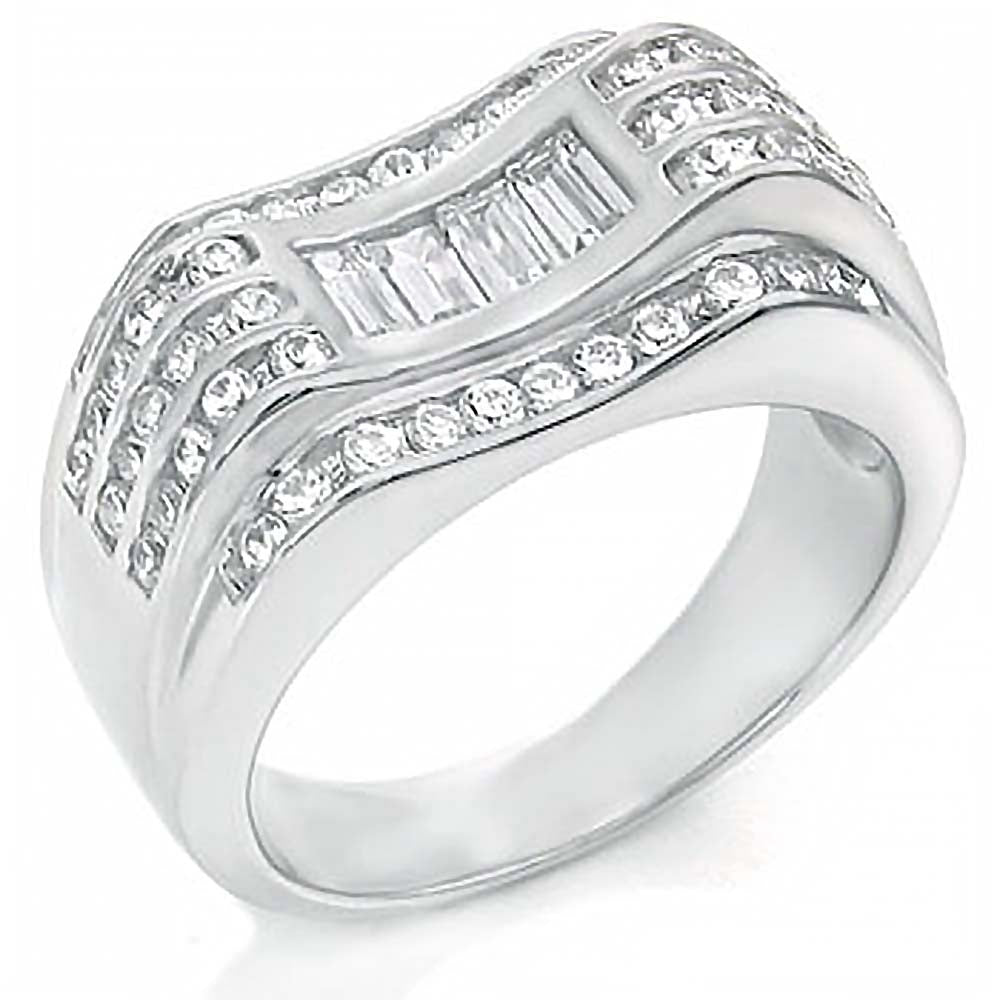 Sterling Silver Cubic Zirconia Baguette and Round CZ Man Ring, Weight 9.8gramAnd Width 11mm