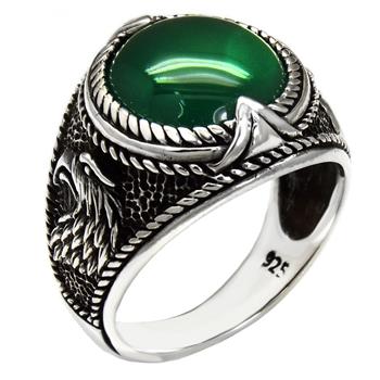 Sterling Silver Oxidized Green Agate With Eagle Head Ring