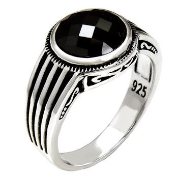 Sterling Silver Cushion-Cut Round Black CZ Oxidized Ring