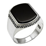 Sterling Silver Rectangular Black Onyx With Greek Key Ring
