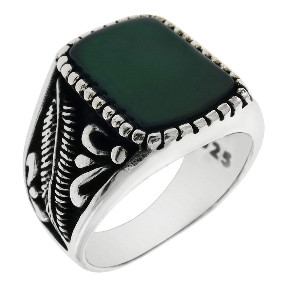 Sterling Silver 10mm X 15mm Dark Green Agate Oxidized Ring