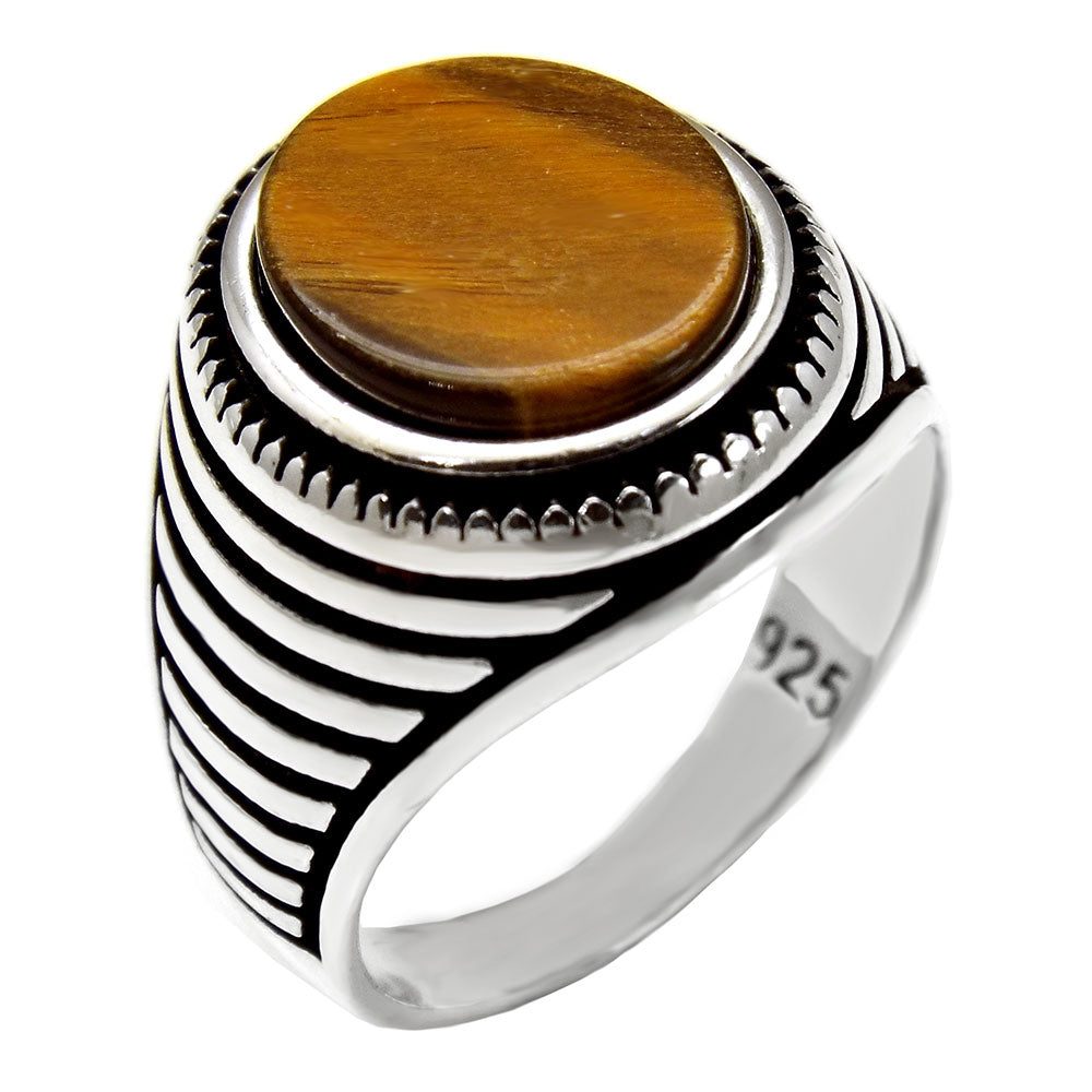 Sterling Silver Men Flat Oval Tiger-Eyes Ring