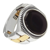 Sterling Silver And Gold Brass Simulated Rolex Band With Black Onyx Ring