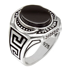 Sterling Silver Men Greek-Key With Flat Oval Onyx Ring
