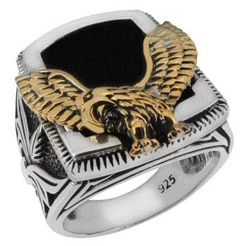 Sterling Silver Eagle with Black Onyx Oxidized Ring, Width 18mm
