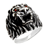 Sterling Silver Red Eyes Lion Oxidized Ring
