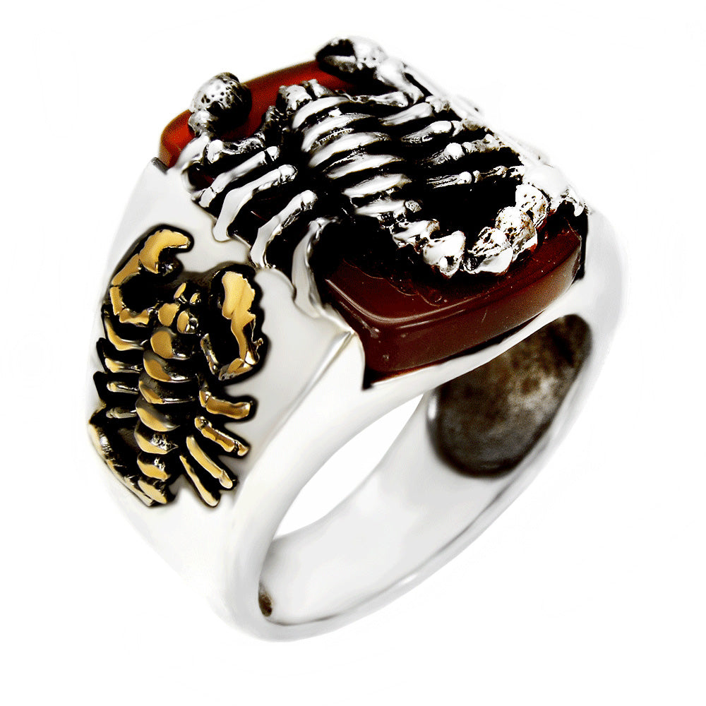 Sterling Silver Scorpio With Red Agate Oxidized Ring