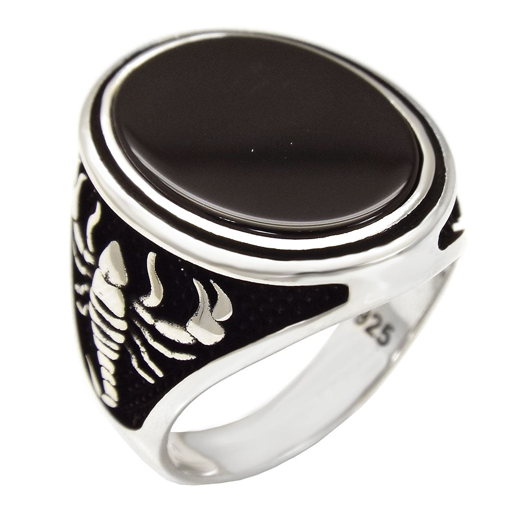 Sterling Silver Flat Oval Onyx Scorpion on the Side Oxidized Men Ring, Width 20mm, Height 25mm