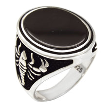 Load image into Gallery viewer, Sterling Silver Flat Oval Onyx With Scorpion On The Side Oxidized Men Ring