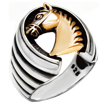 Sterling Silver Oxidized Horseshoe With Brass Horse Head Ring