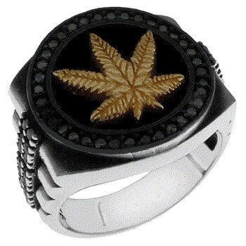 Sterling Silver Cannabis Weed Marijuana Leaf with Black CZ Oxidized Ring