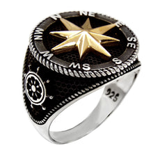 Load image into Gallery viewer, Sterling Silver Anchor-Marine Wheel Oxidized Gold Brass Compass Ring
