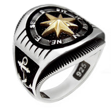 Load image into Gallery viewer, Sterling Silver Oxidized Marine Ring With Gold Brass Marine Compass
