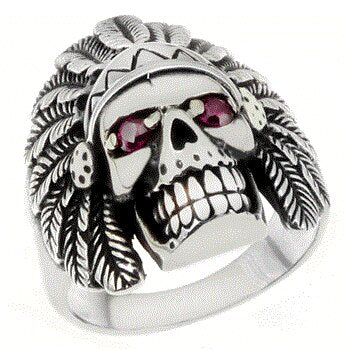 Sterling Silver Skull with Indian Headdress Oxidized Ring, Width 19mm, Height 22mm
