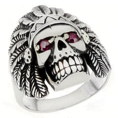 Sterling Silver Skull with Indian Headdress Oxidized Ring, Width 19mm, Height 22mm
