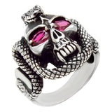 Sterling Silver Oxidized Snake With Red Eyes Skeleton Ring
