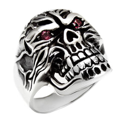 Sterling Silver Skeleton Oxidized Men Red Eyes Ring