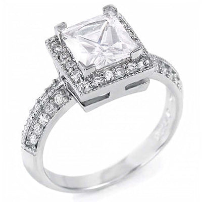 Sterling Silver Fancy Double Line Cz Heart Ring with Princess Cut and Round Cut CzAnd Ring Width of 10MM