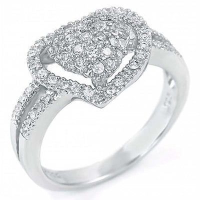 Sterling Silver Fancy Double Heart Ring with Round CzAnd Ring Width of 12MM