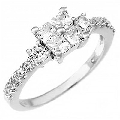 Sterling Silver Fancy Flower Ring with Clear Princess Cut Cz and Round CzAnd Ring Width of 8MM