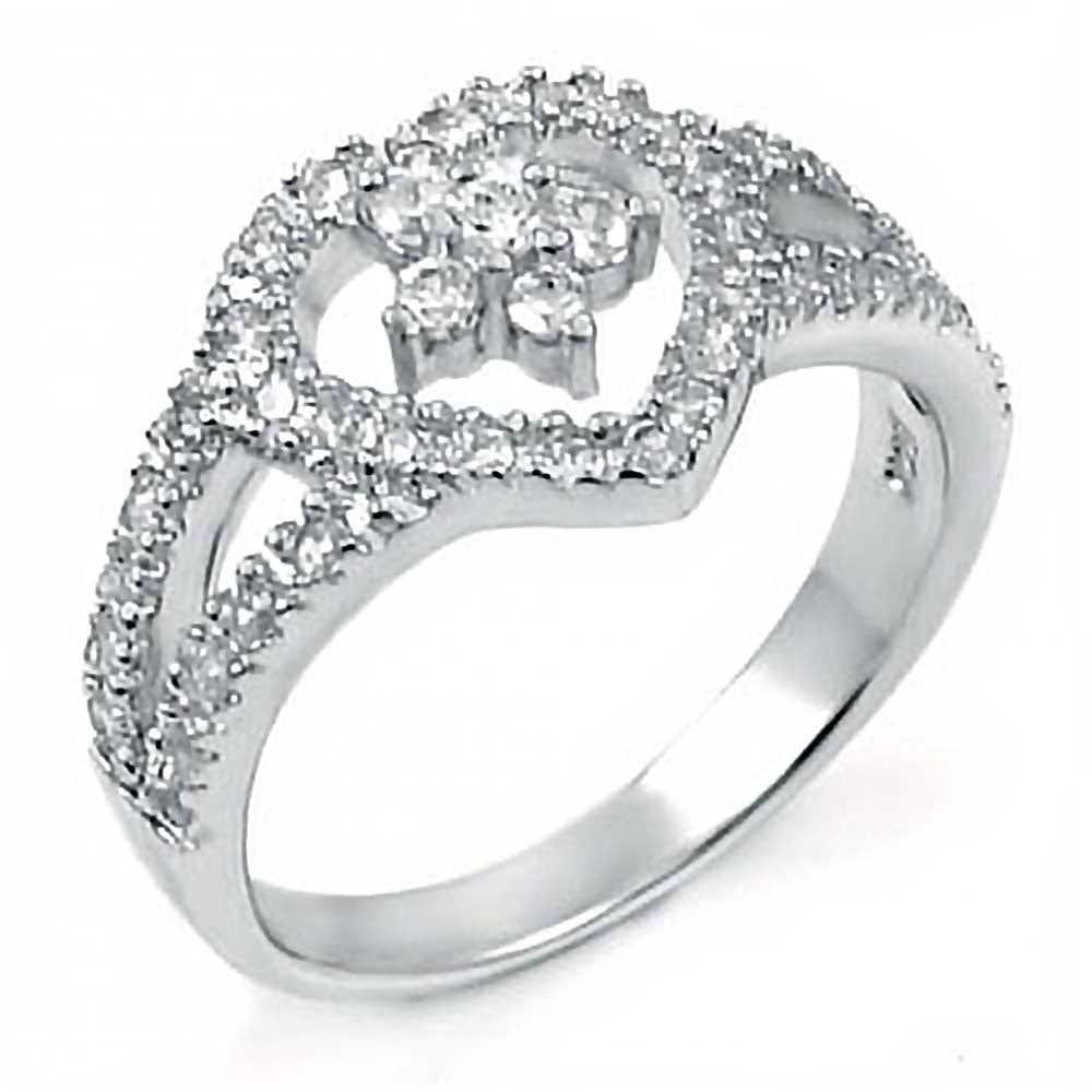 Sterling Silver Fancy Open Heart Ring with Flower Arranged Cz in the CenterAnd Ring Dimensions of 15MMx12MM