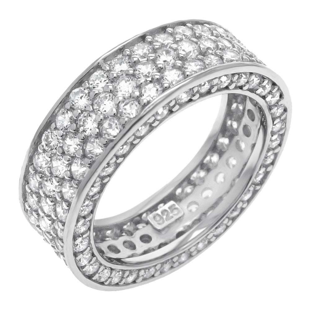 Sterling Silver Fancy Three Lines Micros Pave Cz Eternity Ring with Ring Width of 8MM