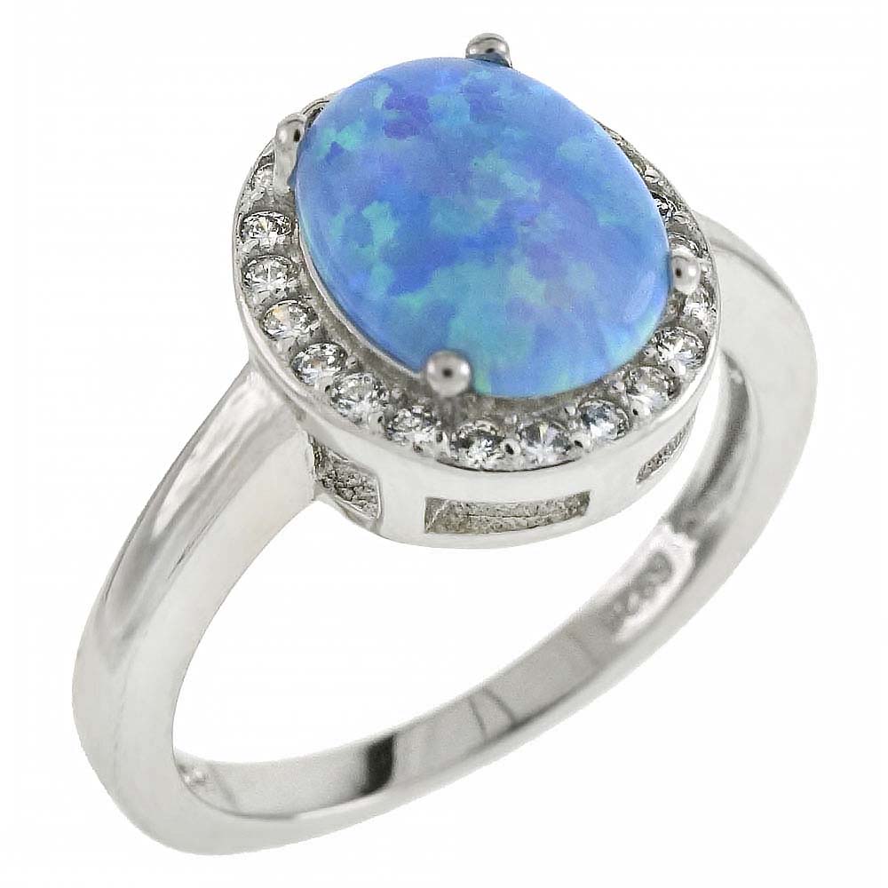 Sterling Silver Simulated Blue Opal Oval Shaped Halo Ring With Clear CZ