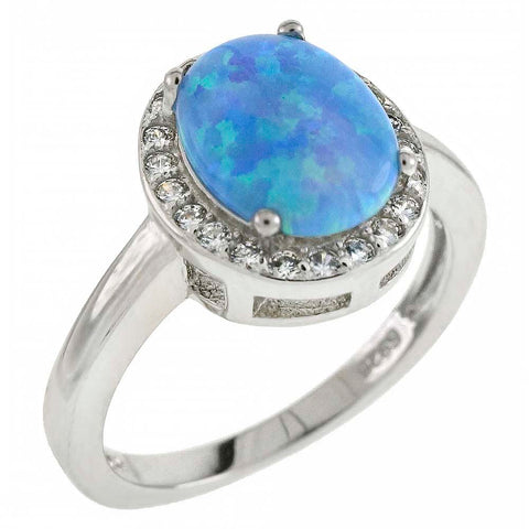 Sterling Silver Simulated Blue Opal Oval Shaped Halo Ring With Clear CZ