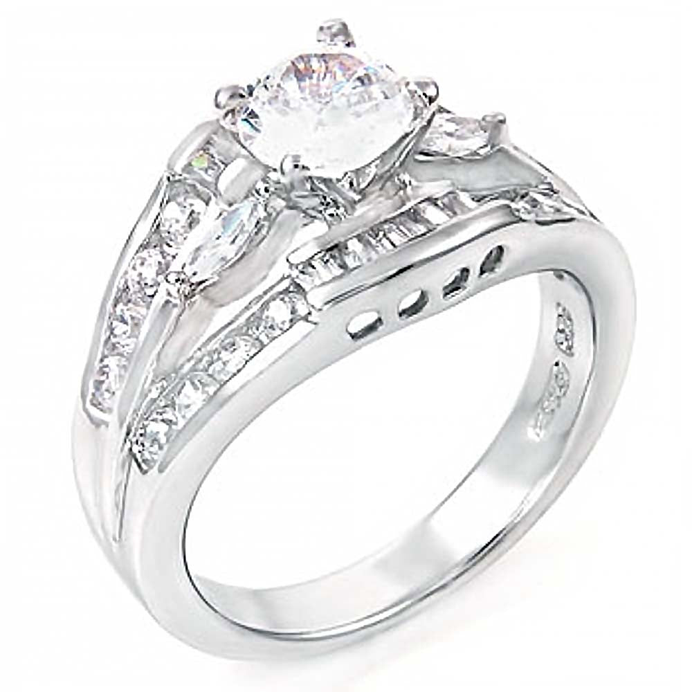 Sterling Silver Fancy Split Band Ring with White Cz and a 6MM White Prong Set CzAnd Ring Width of 7MM
