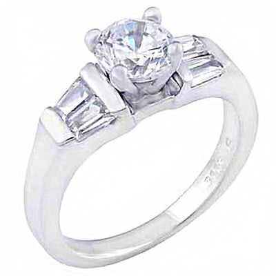 Sterling Silver Ladies Fashion Ring with Baguette Cz And a Prong Set CzAnd Ring Width of 7MM