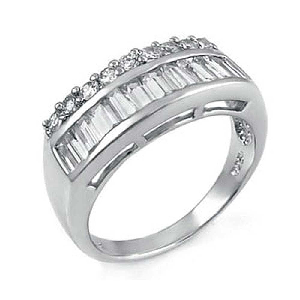 Sterling Silver Pave Baguett and Round Cz Ring with Ring Width of 8MM