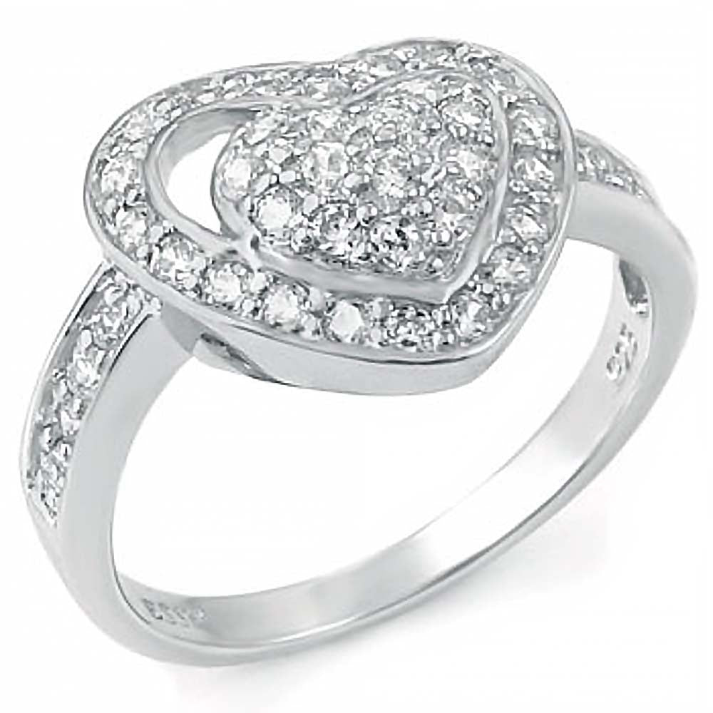 Sterling Silver Fancy Pave Round Cz Double Heart Ring with Ring Width of 13MM