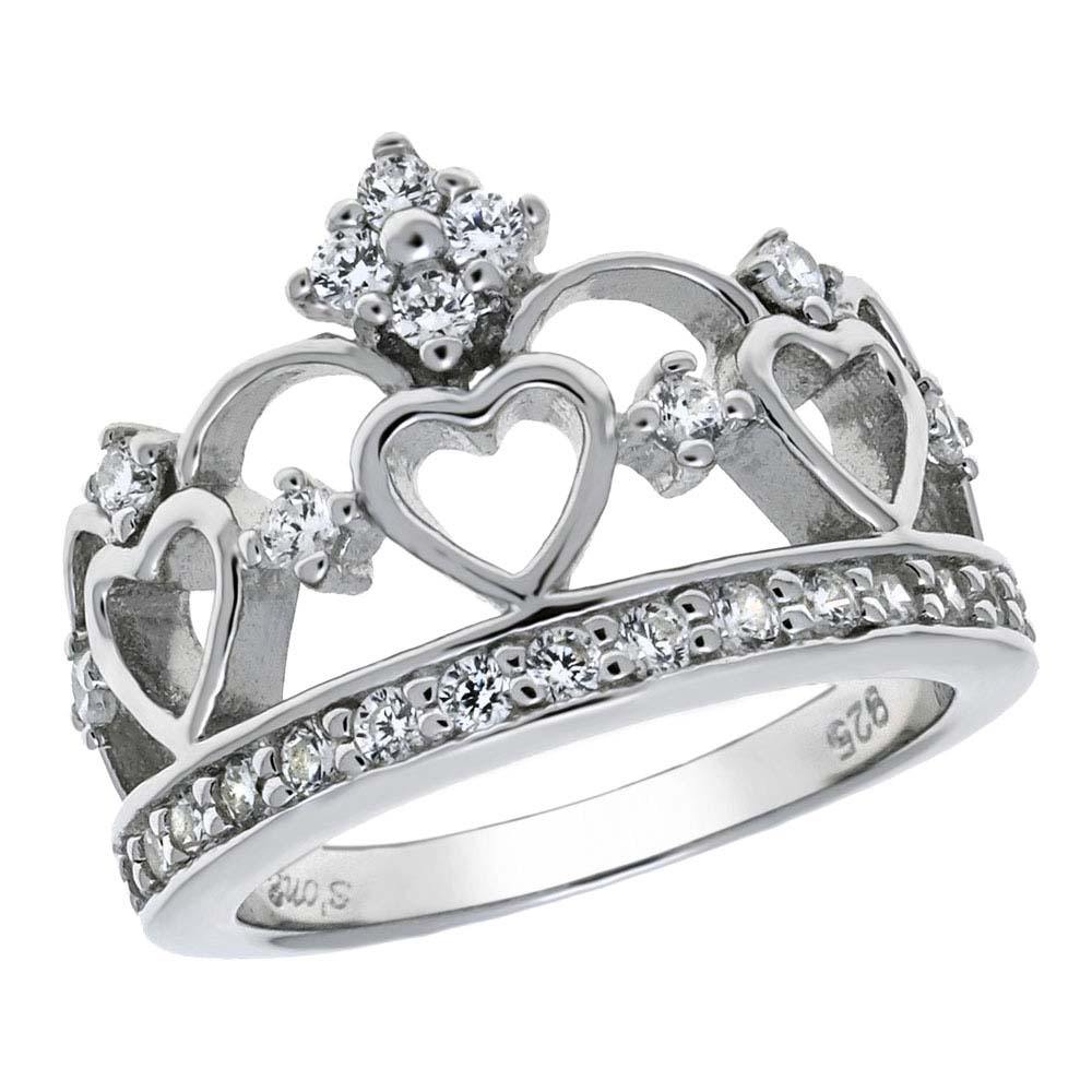 Sterling Silver Stylish Crown and Heart Ring with White Round CzAnd Ring Width of 13MM