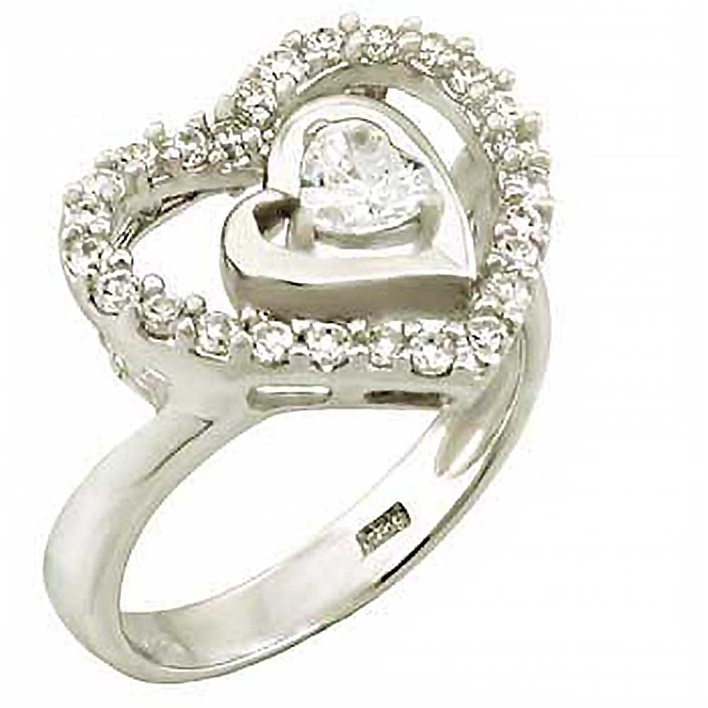 Sterling Silver Double Open Heart Ring with White CzAnd Ring Dimensions of 16MMx14MM