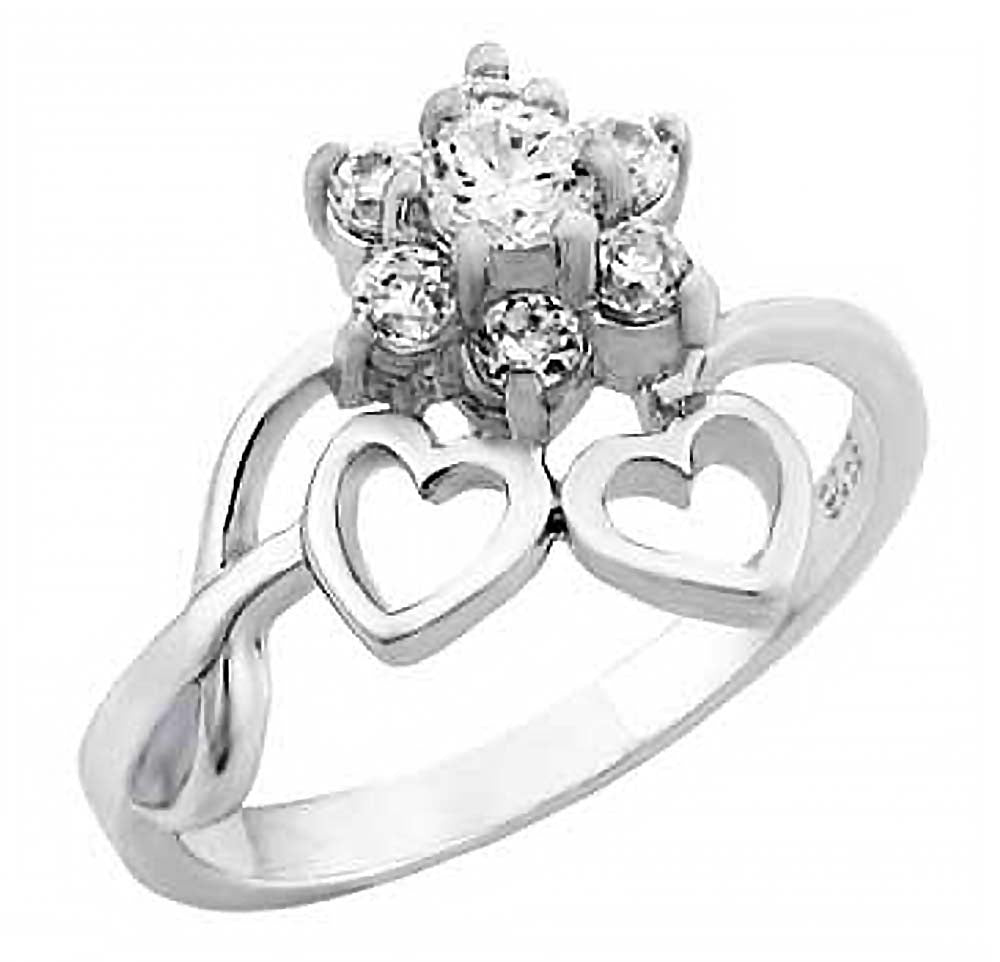 Sterling Silver Flower and Double Heart Ring with White CzAnd Ring Length of 14MM