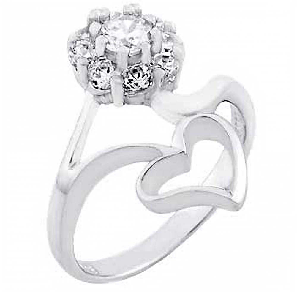 Sterling Silver Flower and Single Heart Ring with White CzAnd Ring Width of 19MM