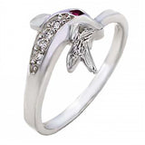 Sterling Silver Dolphin Ladies Ring with Red And White Round Cz