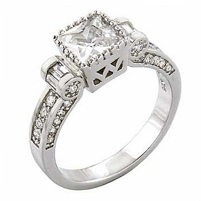 Sterling Silver Princess Cut Cz Ring with Embedded Cz and 6x6MM Cz in the Center, Ring Width of 7MM