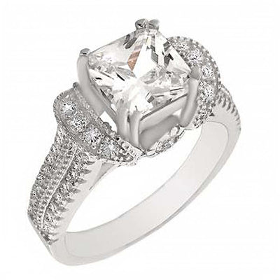 Sterling Silver Pave 7x7 Princess Cut Cz Ring with Round CzAnd Ring Width of 8.5MM