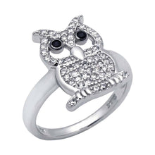 Load image into Gallery viewer, Sterling Silver Owl Ring with White Cz and Black Cz EyesAnd Ring Width of 14MM