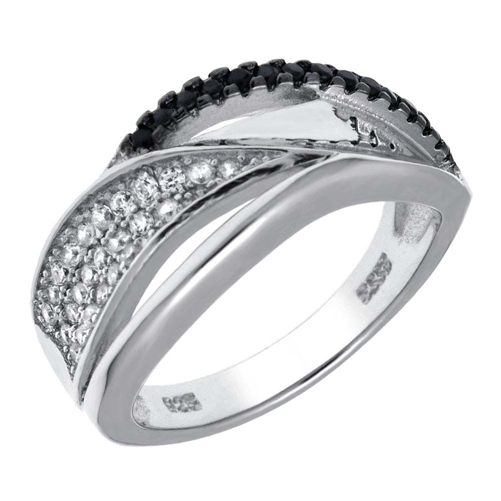 Sterling Silver Black and Clear Round Cz Braided Ring with Ring Width of 8MM