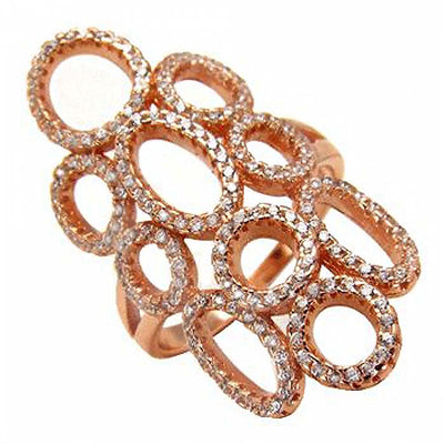 Rose Gold Plated Sterling Silver Clear Cz Circles and Ovals Split Band Ring with Ring Width of 29.5MM