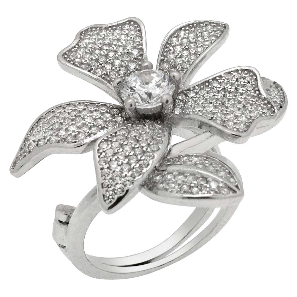 Sterling Silver Pave-Set Clear Cz Flower Ring with Ring Width of 24MM