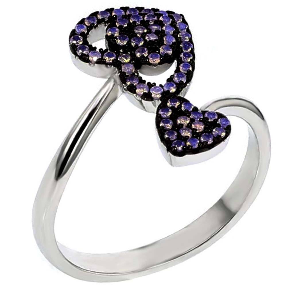 Sterling Silver Double Heart Nano Stone CZ Ring with Ring Width of 15MM