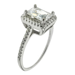 Sterling Silver 5X7mm Emerald Cut Halo Round CZ Engagement Ring