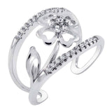 Sterling Silver Four Leaf Clover Shaped Adjustable Ring With CZ StonesAnd Width 12.3mm