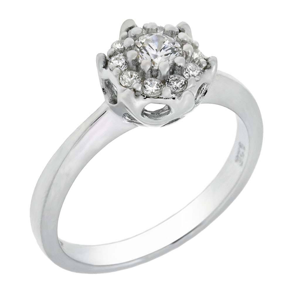 Sterling Silver Round with Side Petals Cubic CZ RingAnd Width of 9MM