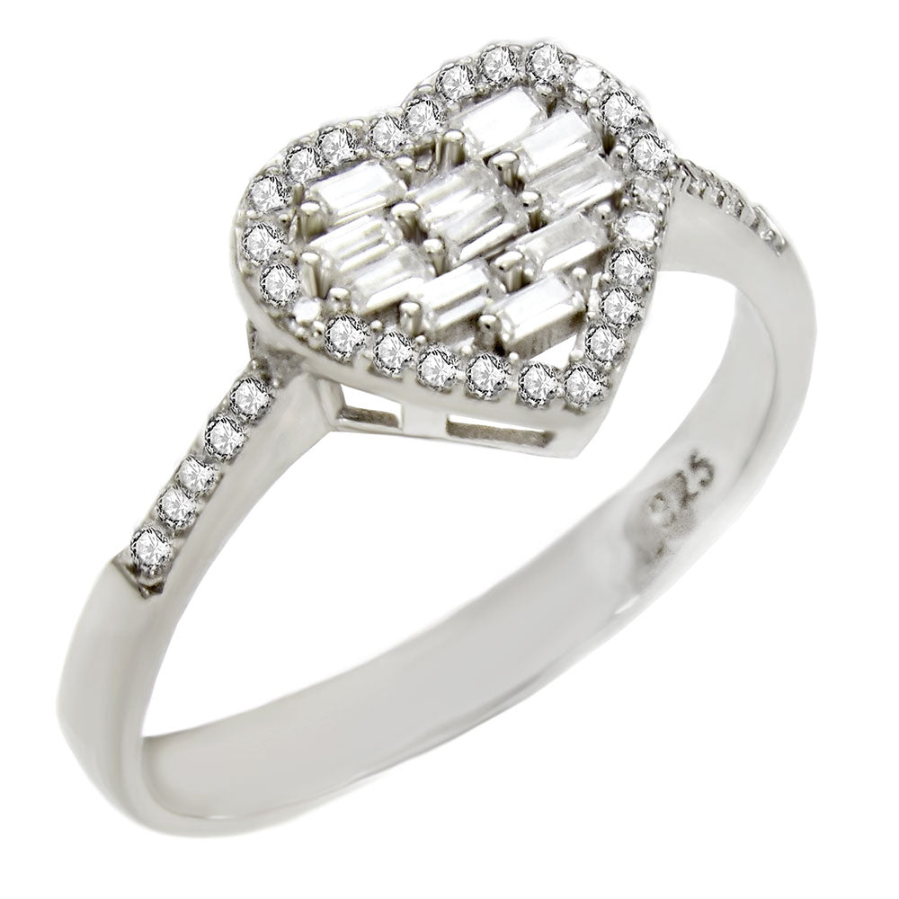 Sterling Silver Round Baguette CZ Heart Shape Ring Width-10.3mm, Height-9.3mm