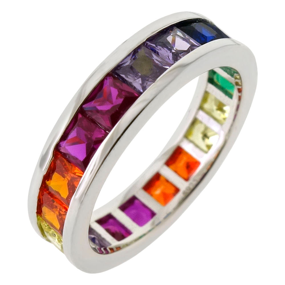 Sterling Silver Eternity Princess Cut Multi Color CZ Band Ring